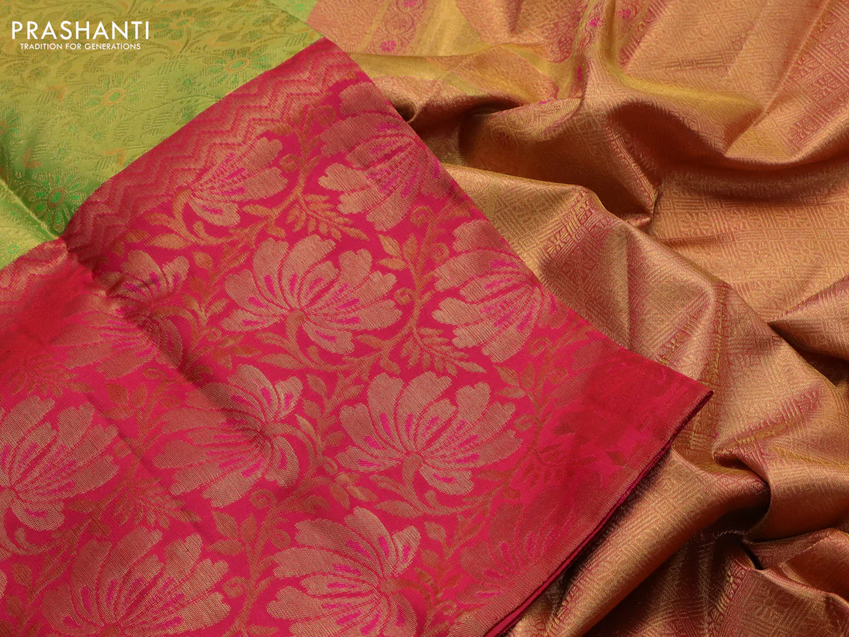 Pure kanchipuram tissue silk saree light green and pink with allover zari woven brocade weaves and long zari woven border - Image 3