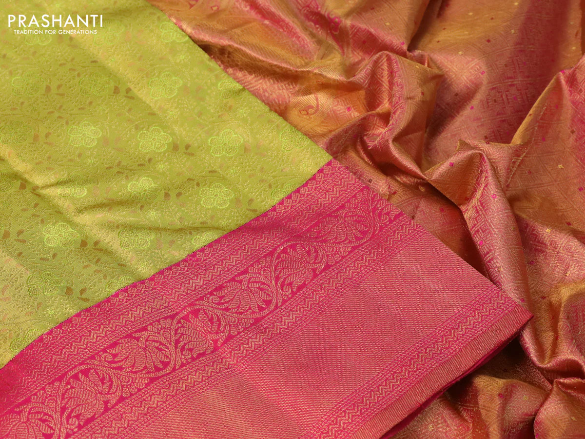 Pure kanchipuram tissue silk saree light green and pink with allover zari woven brocade weaves and zari woven border - Image 3