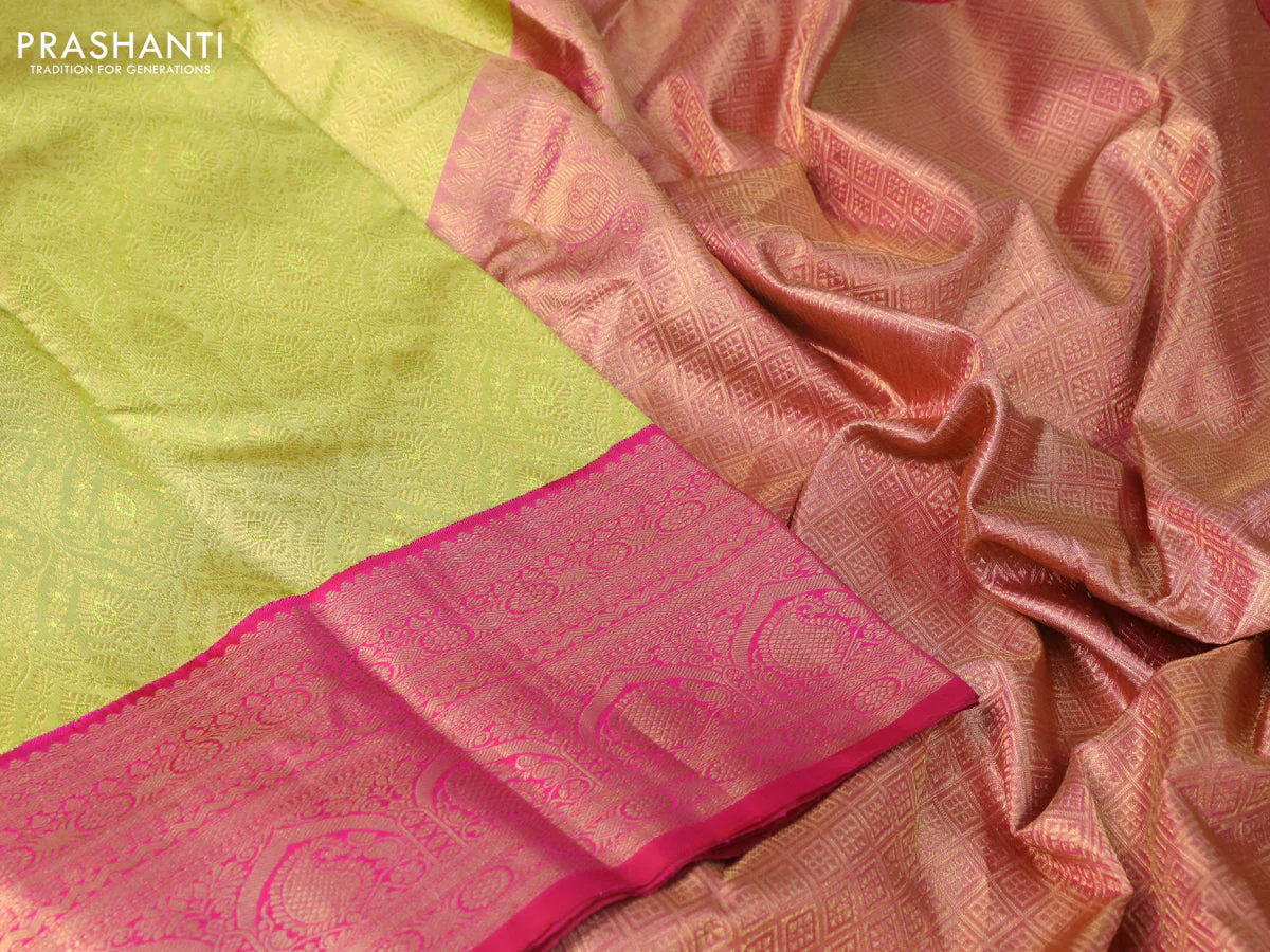 Pure kanchipuram tissue silk saree light green and pink with allover zari woven brocade weaves and zari woven border - Image 3