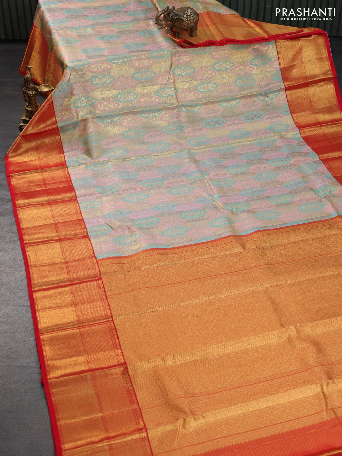 Pure kanchipuram tissue silk saree light pink teal blue and red with allover zari woven brocade weaves and long rich zari woven border - Image 2