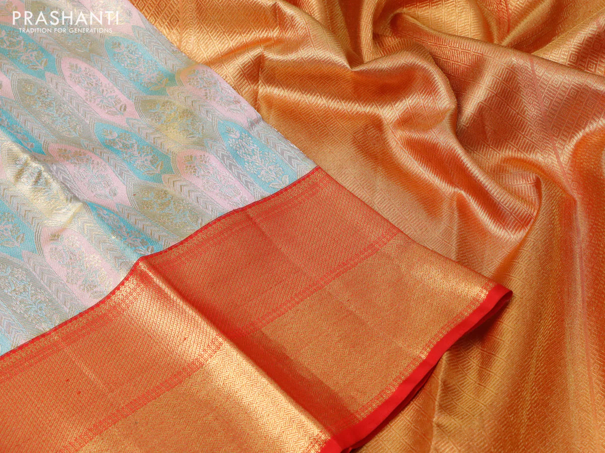 Pure kanchipuram tissue silk saree light pink teal blue and red with allover zari woven brocade weaves and long rich zari woven border - Image 3