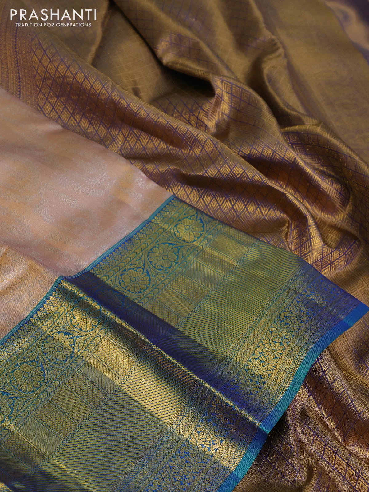 Pure kanchipuram tissue silk saree mild peach and dual shade of bluish green with allover silver zari woven brocade weaves and long zari woven border - Image 3