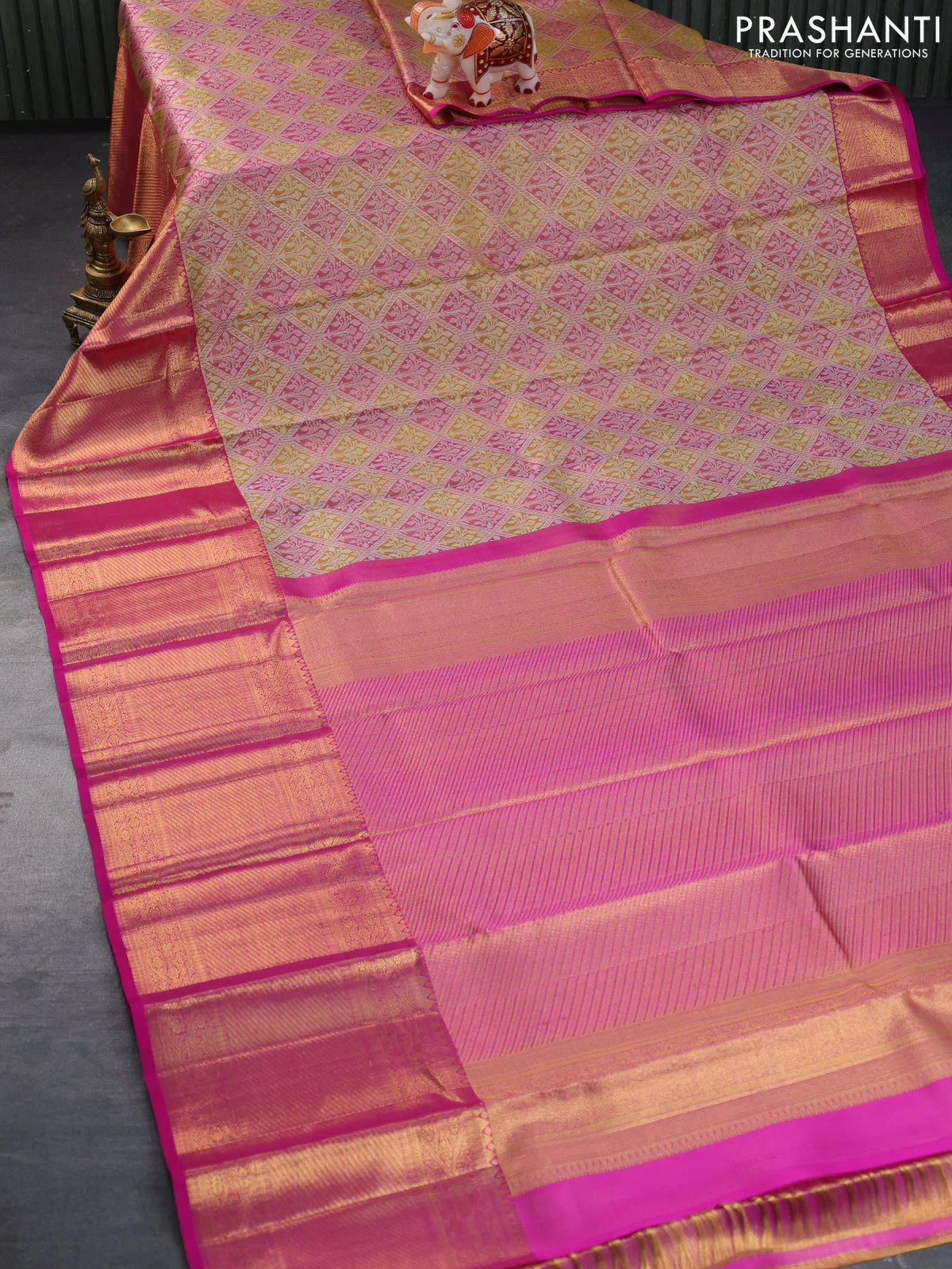 Pure kanchipuram tissue silk saree mustard shade and pink with allover silver zari woven brocade weaves and long rich zari woven border - Image 2
