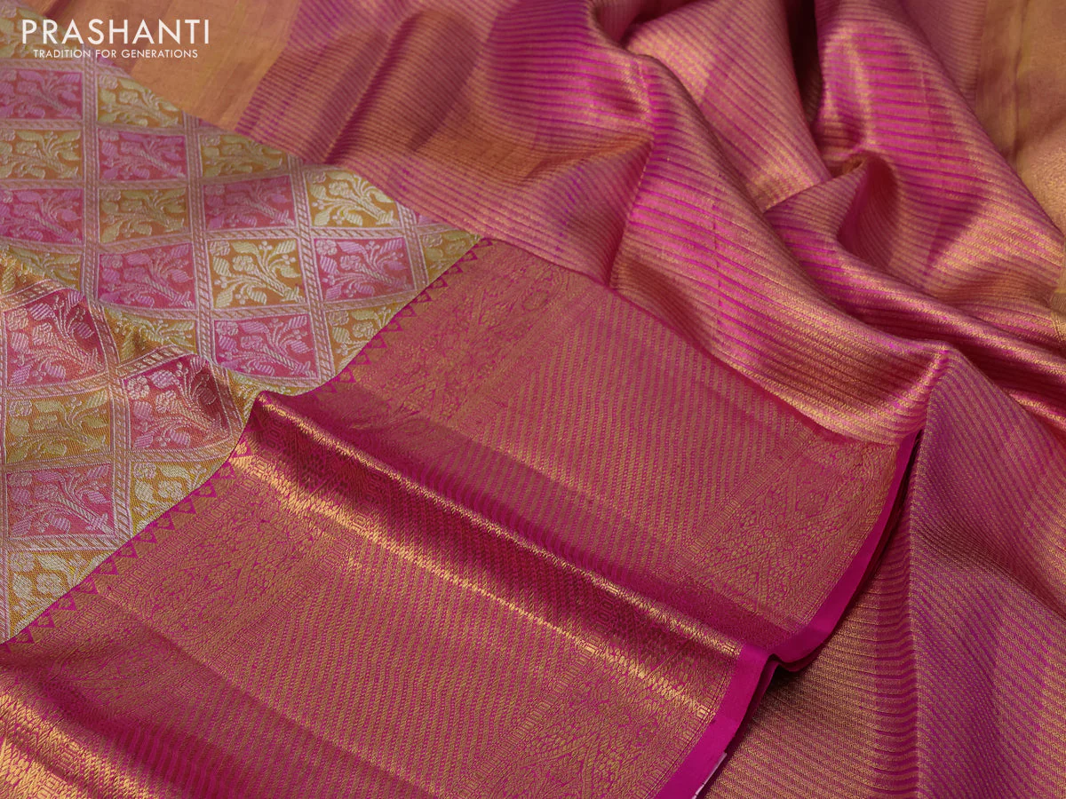 Pure kanchipuram tissue silk saree mustard shade and pink with allover silver zari woven brocade weaves and long rich zari woven border - Image 3