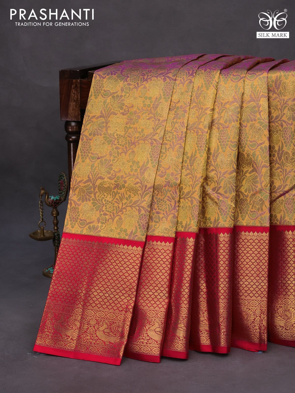 Pure kanchipuram tissue silk saree mustard shade and red with allover zari woven brocade weaves and long zari woven annam border