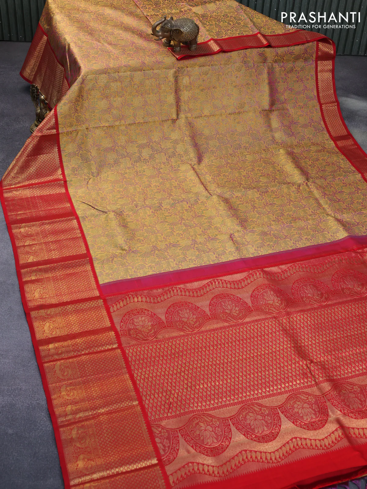 Pure kanchipuram tissue silk saree mustard shade and red with allover zari woven brocade weaves and long zari woven annam border - Image 2