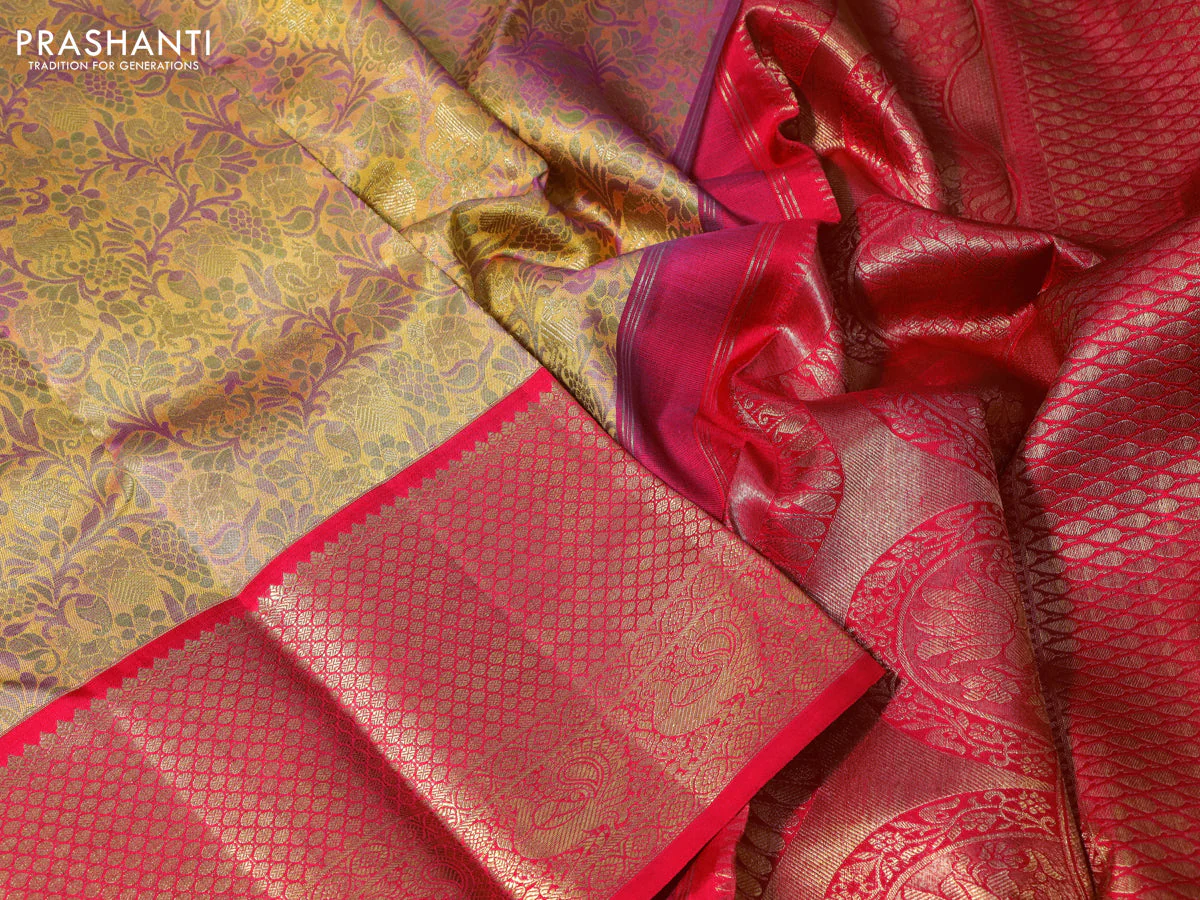 Pure kanchipuram tissue silk saree mustard shade and red with allover zari woven brocade weaves and long zari woven annam border - Image 3
