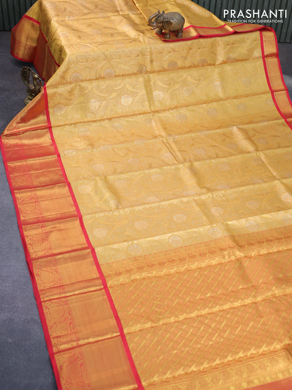Pure kanchipuram tissue silk saree mustard yellow and red with allover zari woven brocade weaves and long zari woven border - Image 2