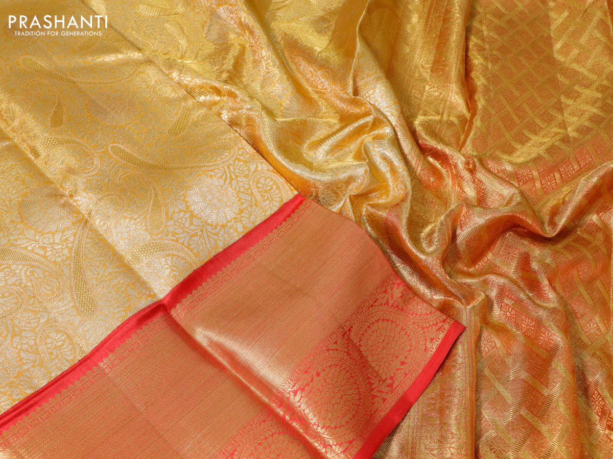Pure kanchipuram tissue silk saree mustard yellow and red with allover zari woven brocade weaves and long zari woven border - Image 3