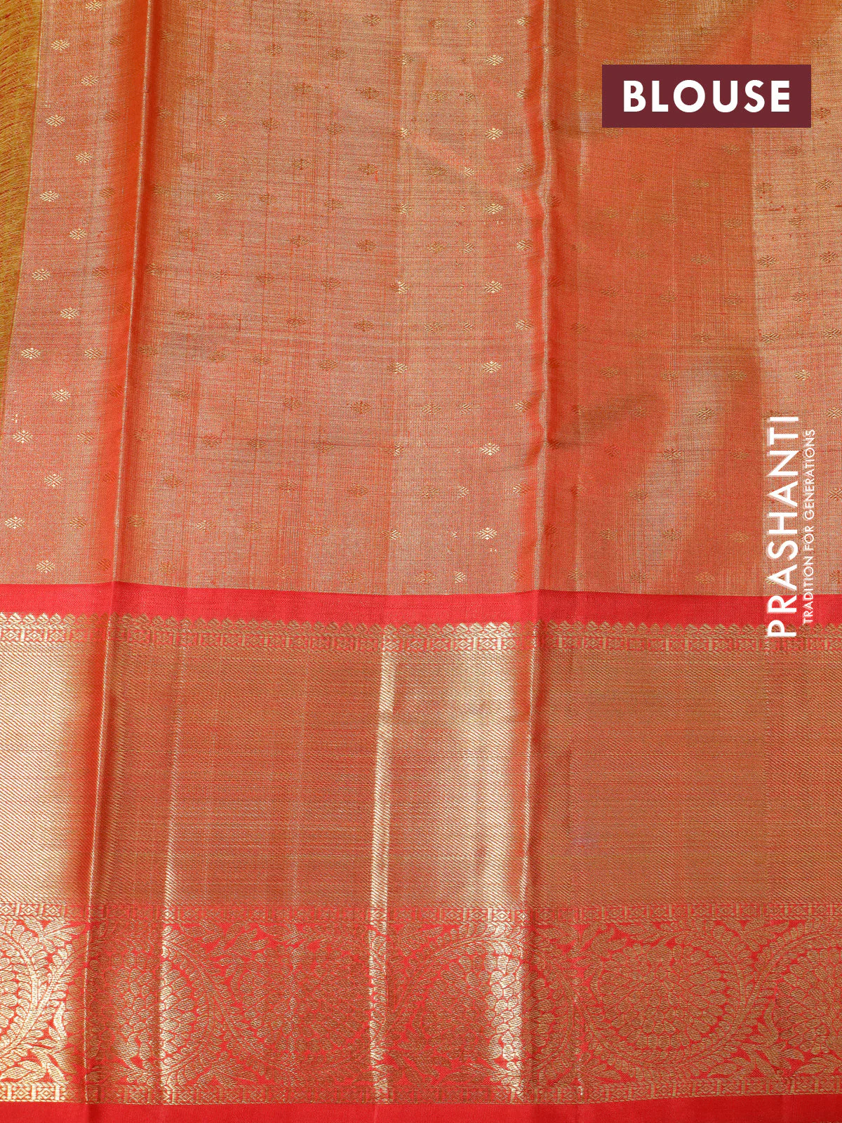 Pure kanchipuram tissue silk saree mustard yellow and red with allover zari woven brocade weaves and long zari woven border - Image 4