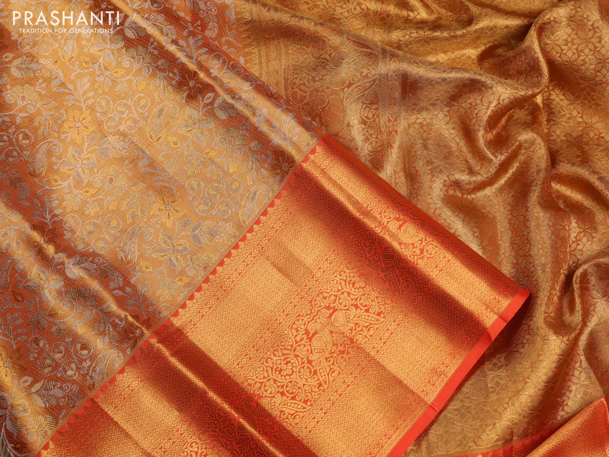 Pure kanchipuram tissue silk saree orange with allover silver zari woven brocade weaves and zari woven border - Image 3