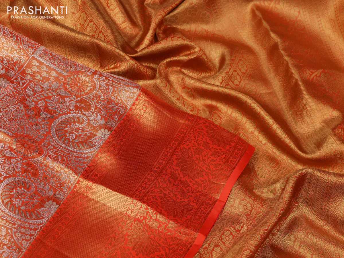 Pure kanchipuram tissue silk saree orange with allover silver zari woven brocade weaves and zari woven border - Image 3