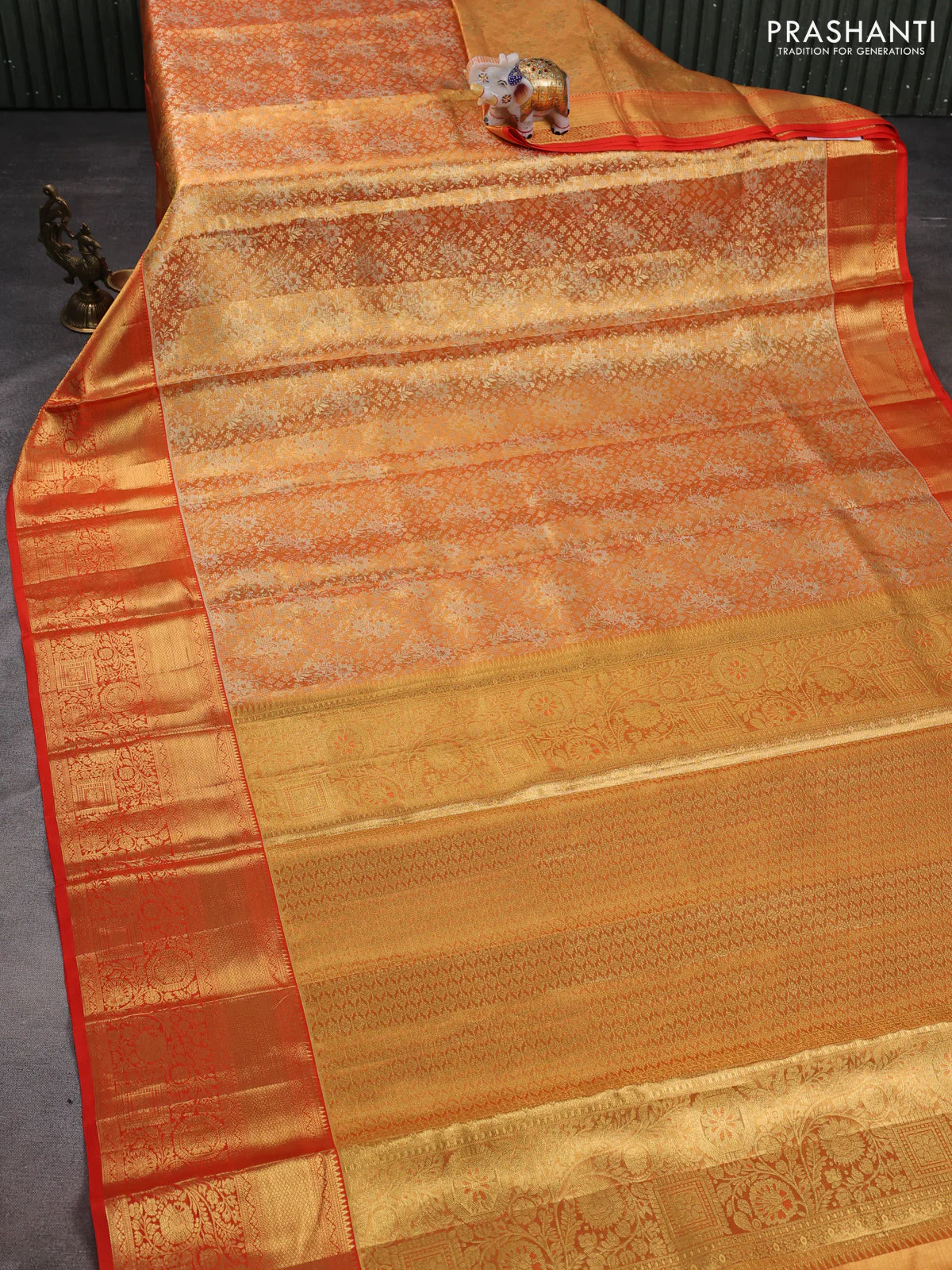Pure kanchipuram tissue silk saree orange with allover zari woven brocade weaves and zari woven border - Image 2