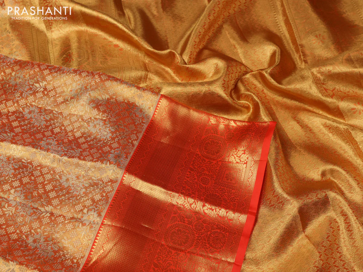 Pure kanchipuram tissue silk saree orange with allover zari woven brocade weaves and zari woven border - Image 3