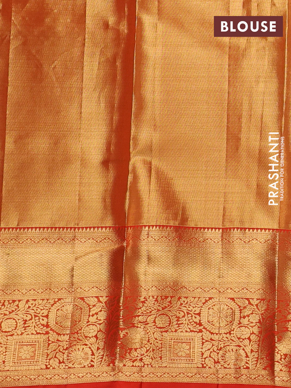 Pure kanchipuram tissue silk saree orange with allover zari woven brocade weaves and zari woven border - Image 4