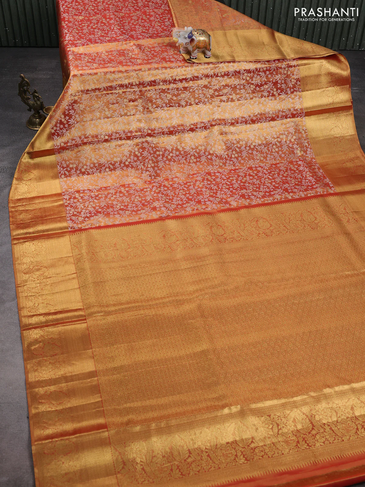 Pure kanchipuram tissue silk saree orange with allover zari woven brocade weaves and zari woven border - Image 2