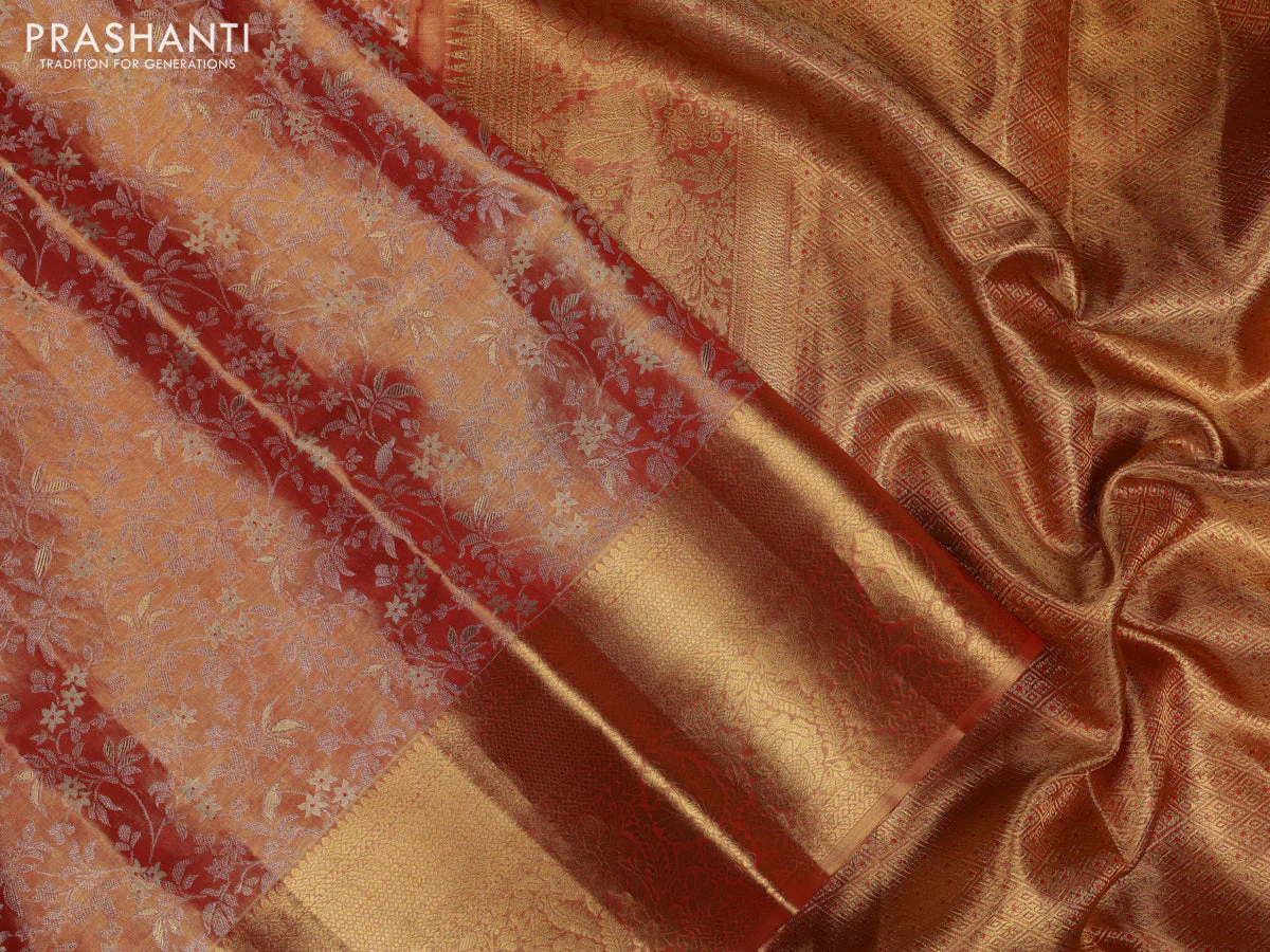 Pure kanchipuram tissue silk saree orange with allover zari woven brocade weaves and zari woven border - Image 3