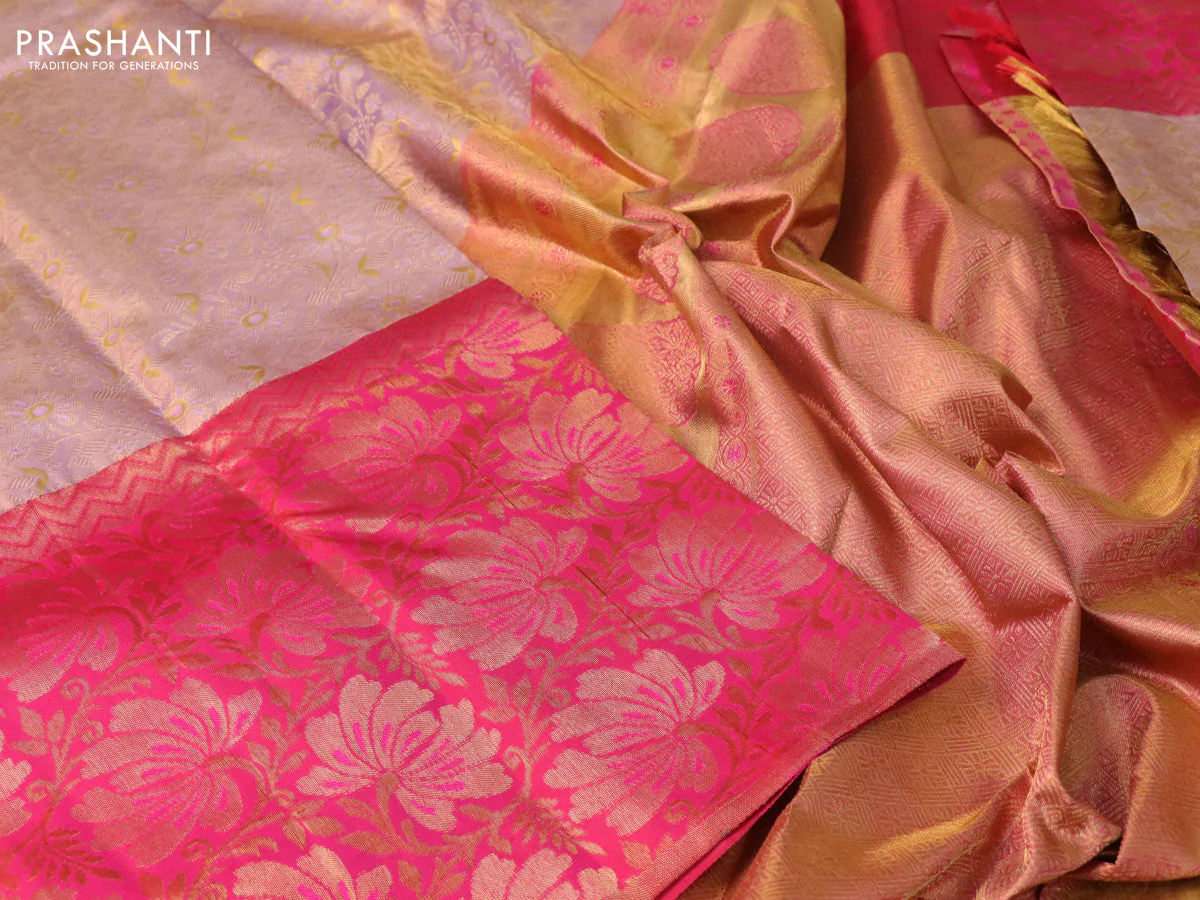 Pure kanchipuram tissue silk saree pastel lavender and pink with allover zari woven brocade weaves and long zari woven border - Image 3