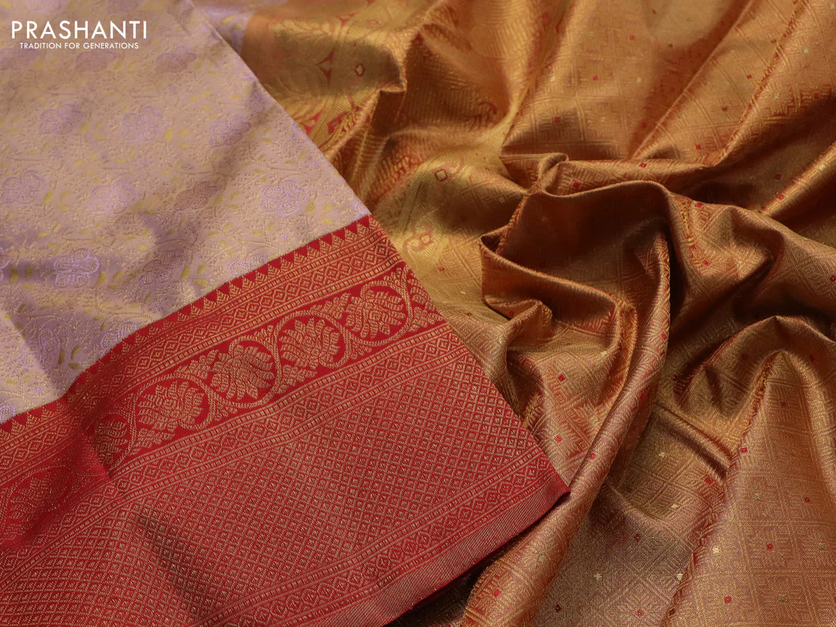Pure kanchipuram tissue silk saree pastel lavender and red with allover zari woven brocade weaves and zari woven border - Image 3