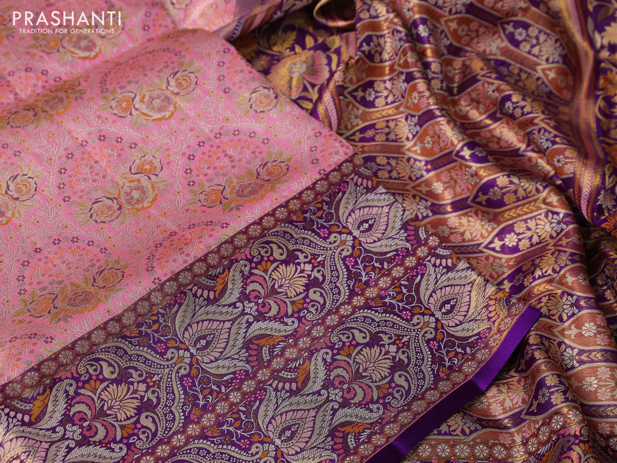 Pure Kanchipuram tissue silk saree peach pink and violet with allover zari woven floral brocade weaves and long zari woven mina border - Image 3