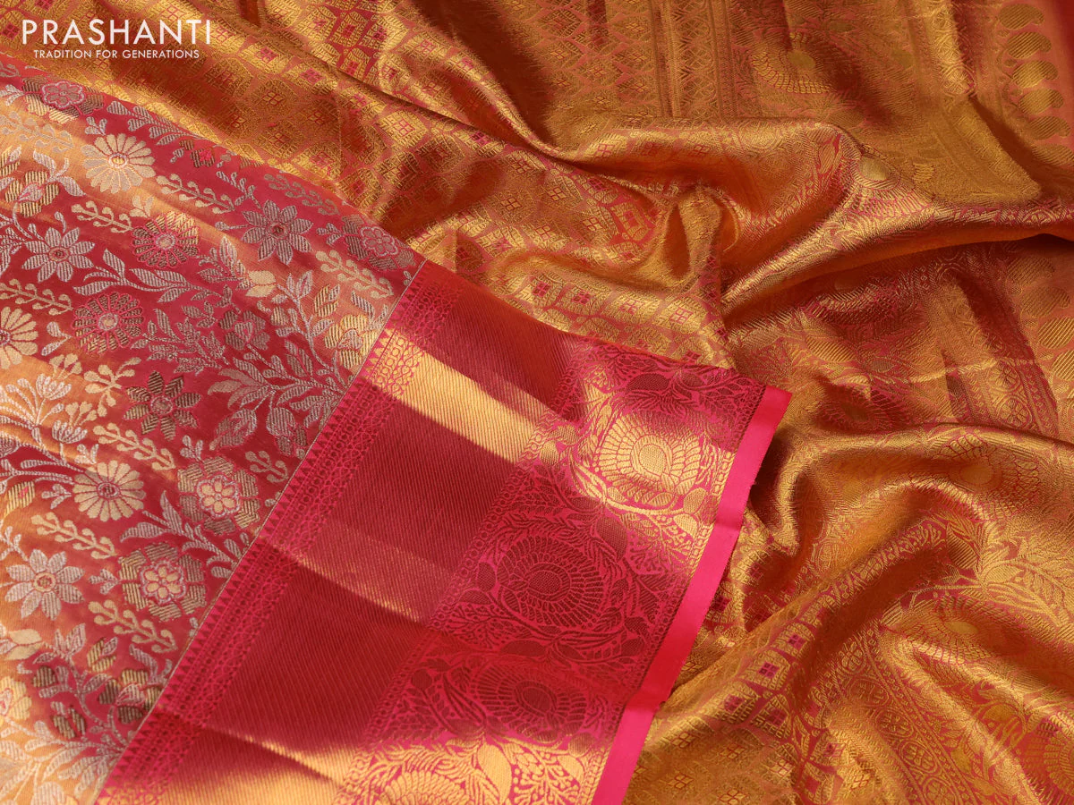 Pure kanchipuram tissue silk saree peach pink with allover zari woven brocade weaves and zari woven border - Image 3