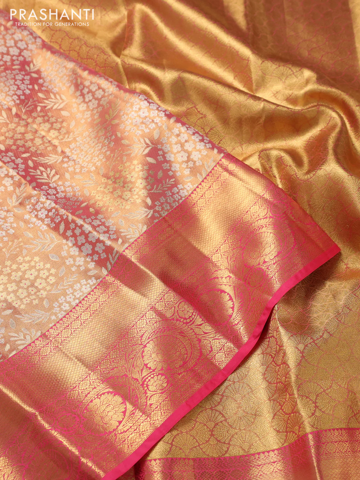Pure kanchipuram tissue silk saree peach pink with allover zari woven brocade weaves and zari woven border - Image 3