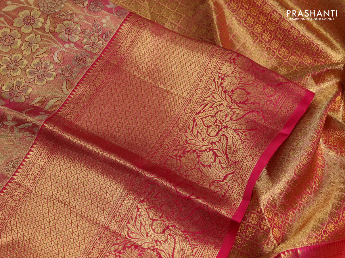 Pure kanchipuram tissue silk saree pink with allover floral zari woven brocade weaves and long zari woven border - Image 3