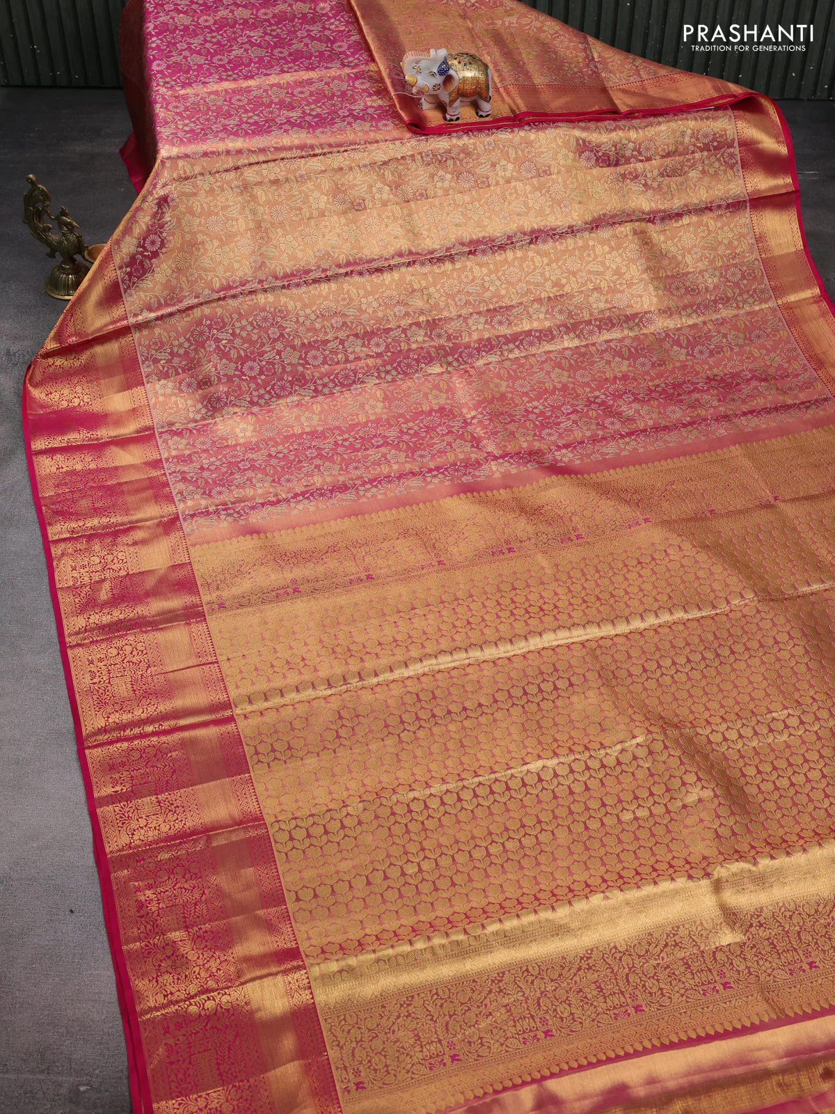 Pure kanchipuram tissue silk saree pink with allover zari woven brocade weaves and zari woven border - Image 2