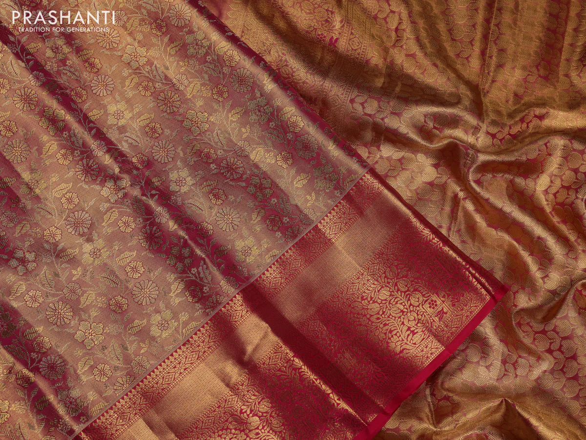 Pure kanchipuram tissue silk saree pink with allover zari woven brocade weaves and zari woven border - Image 3