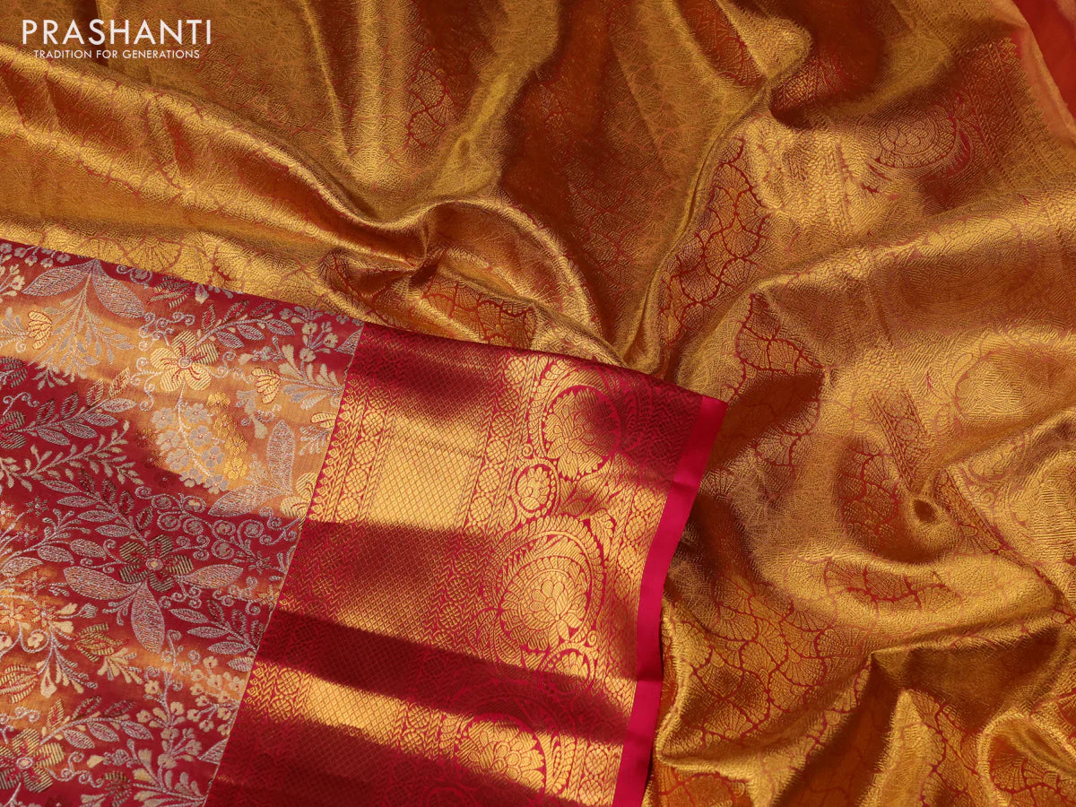 Pure kanchipuram tissue silk saree pink with allover zari woven brocade weaves and zari woven border - Image 3