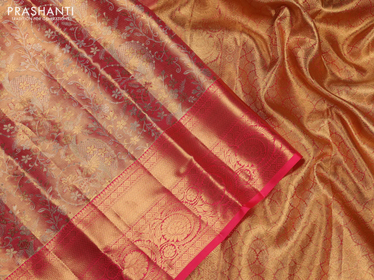 Pure kanchipuram tissue silk saree pink with allover zari woven brocade weaves and zari woven border - Image 3