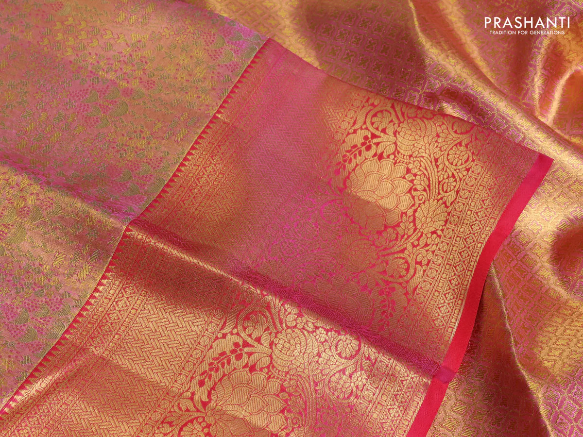 Pure kanchipuram tissue silk saree pink with allover zari woven brocade weaves and zari woven border - Image 3