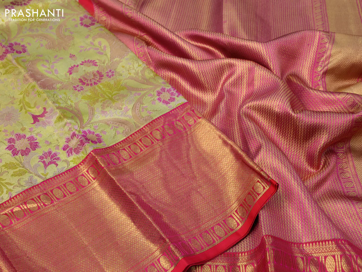 Pure kanchipuram tissue silk saree pista green and dual shade of pinkish red with allover thread & zari woven brocade weaves and long zari woven korvai border - Image 3