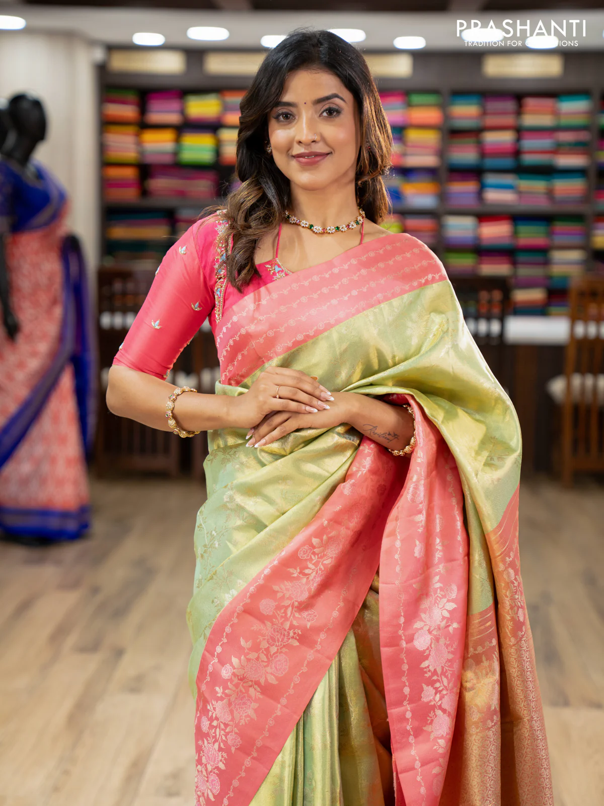 Pure kanchipuram Tissue silk saree pista green and peach shade with allover zari weaves and floral design zari border - Image 3