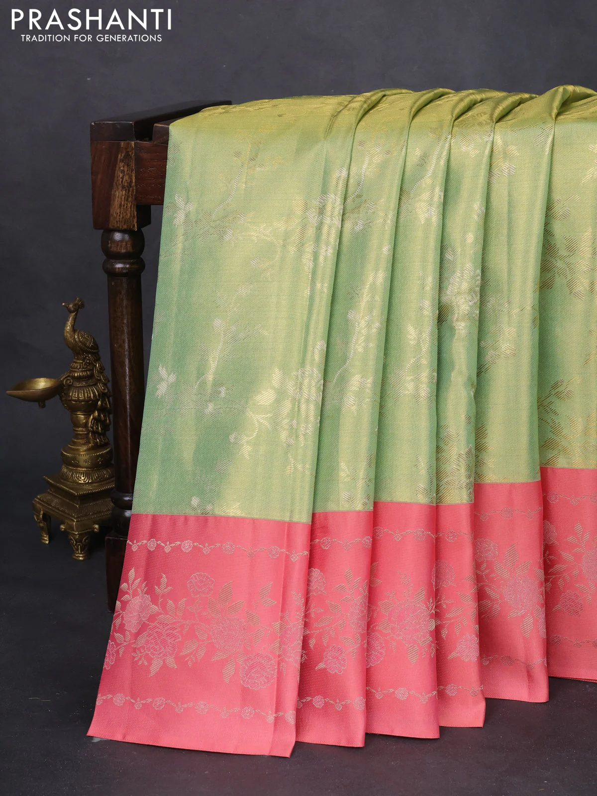Pure kanchipuram Tissue silk saree pista green and peach shade with allover zari weaves and floral design zari border - Image 4