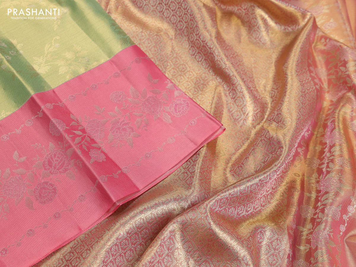 Pure kanchipuram Tissue silk saree pista green and peach shade with allover zari weaves and floral design zari border - Image 6