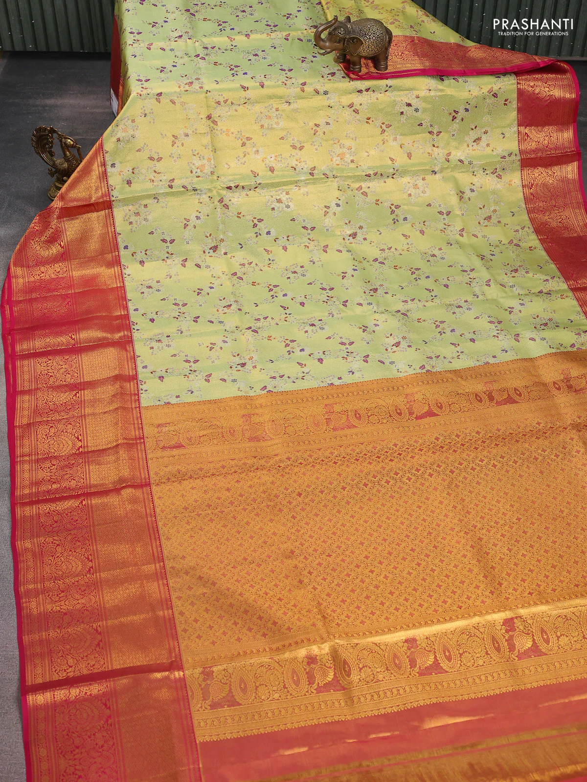 Pure kanchipuram tissue silk saree pista green and pink with allover zari woven mina weaves and long zari woven border - Image 2