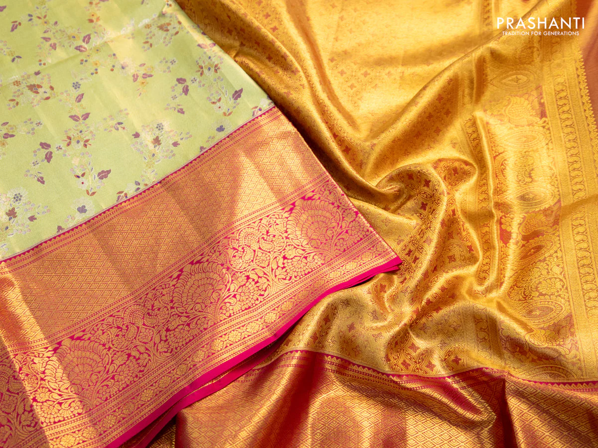 Pure kanchipuram tissue silk saree pista green and pink with allover zari woven mina weaves and long zari woven border - Image 3
