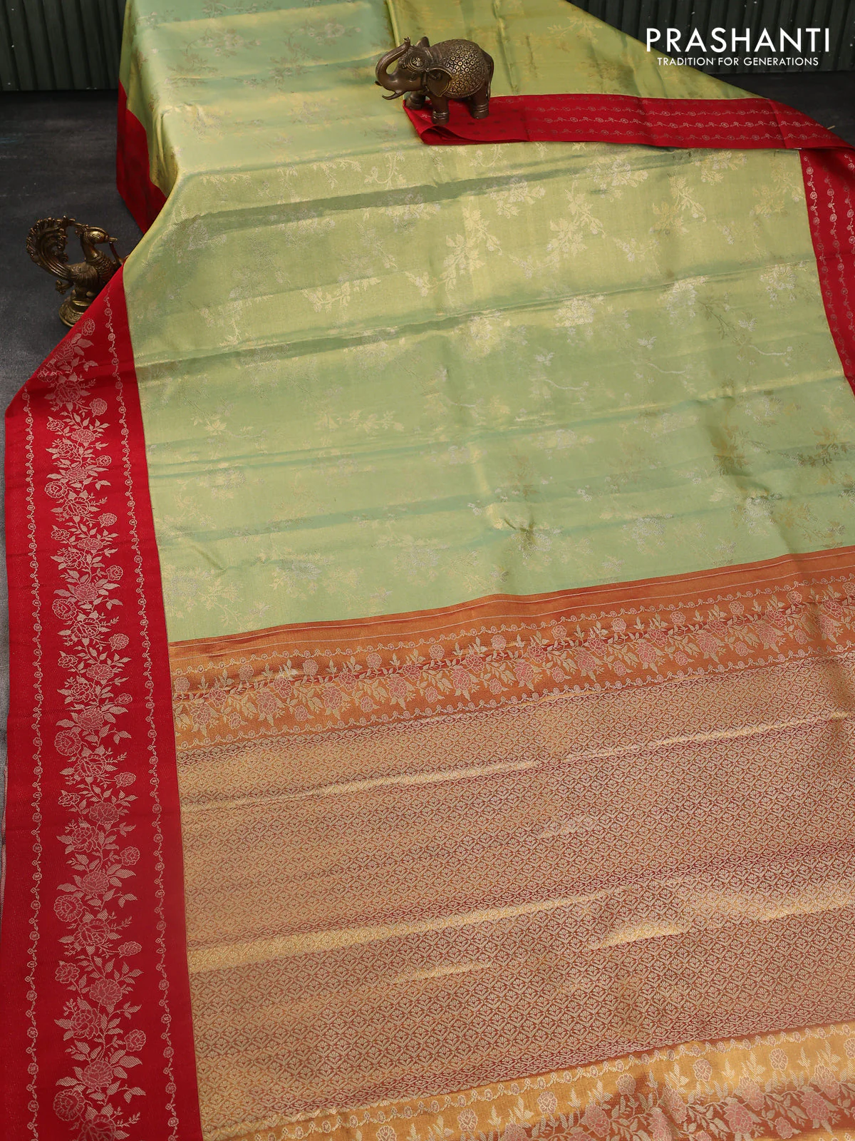 Pure kanchipuram Tissue silk saree pista green and red with allover zari weaves and floral design zari border - Image 2