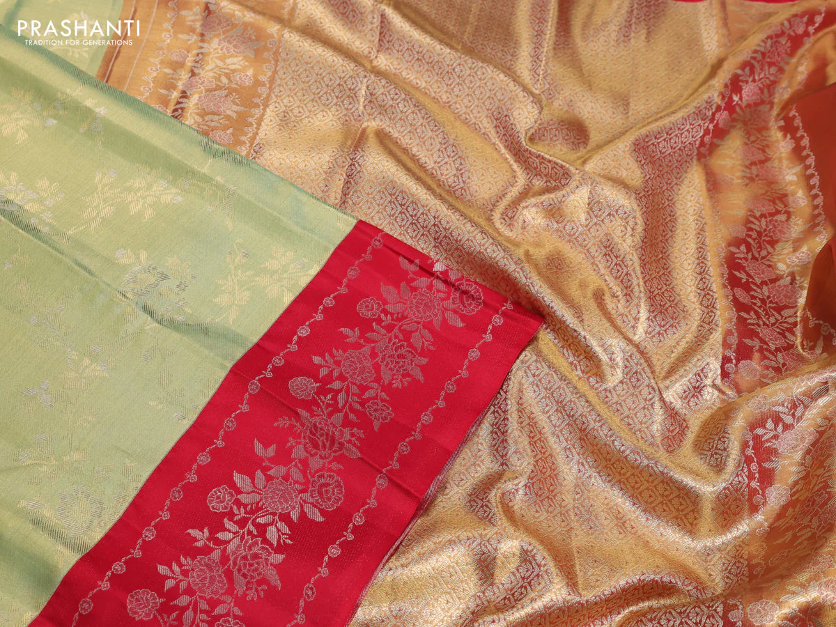 Pure kanchipuram Tissue silk saree pista green and red with allover zari weaves and floral design zari border - Image 3