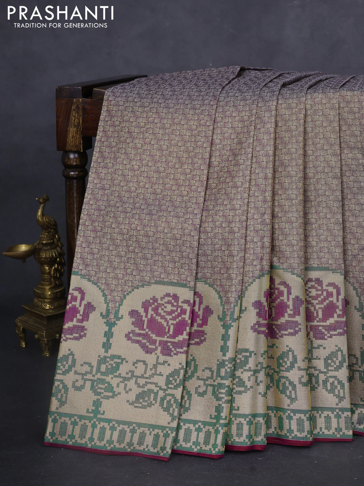 Pure kanchipuram tissue silk saree purple and green with allover zari woven brocade weaves and floral design zari woven border - Image 2