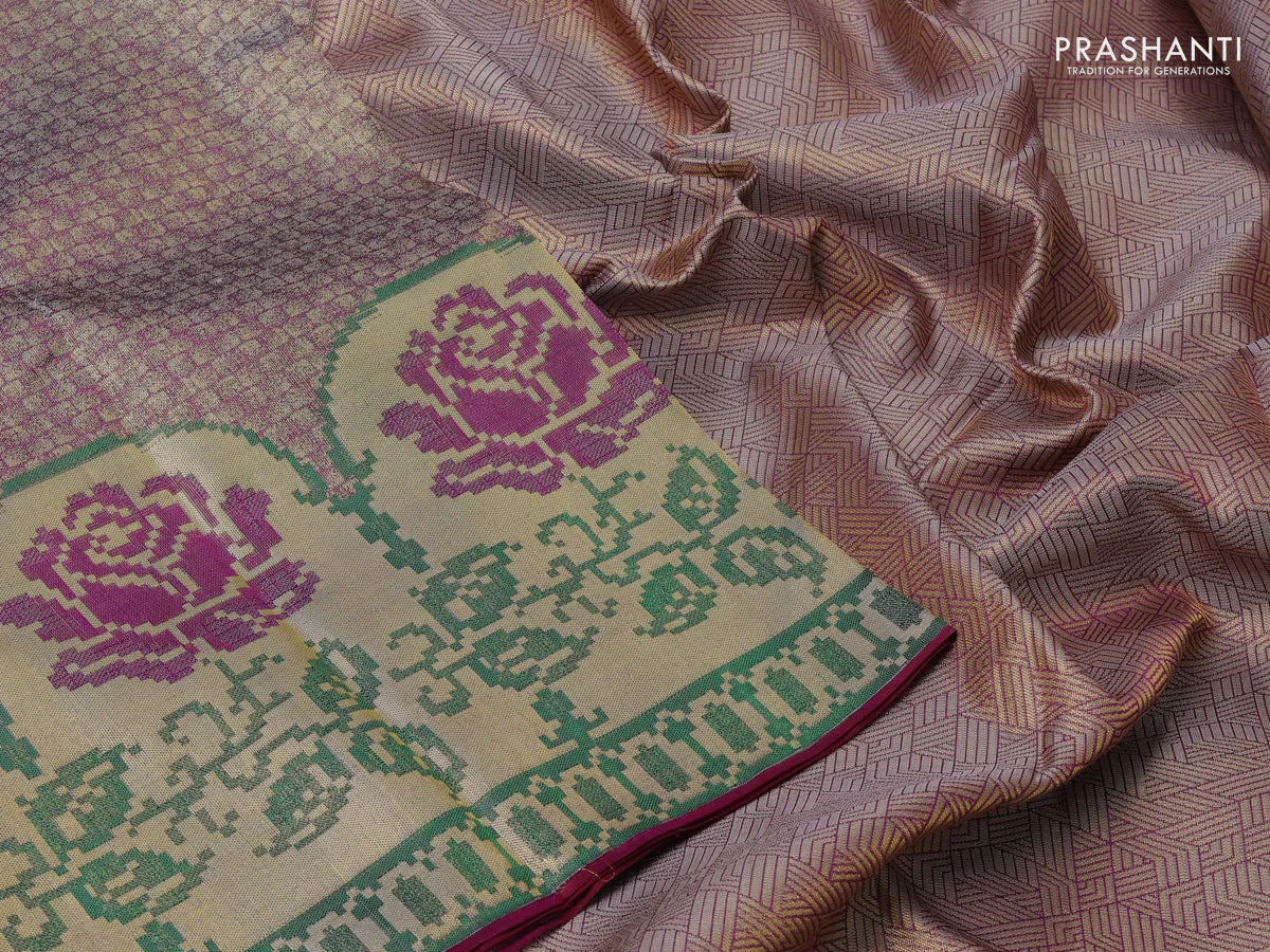 Pure kanchipuram tissue silk saree purple and green with allover zari woven brocade weaves and floral design zari woven border - Image 4