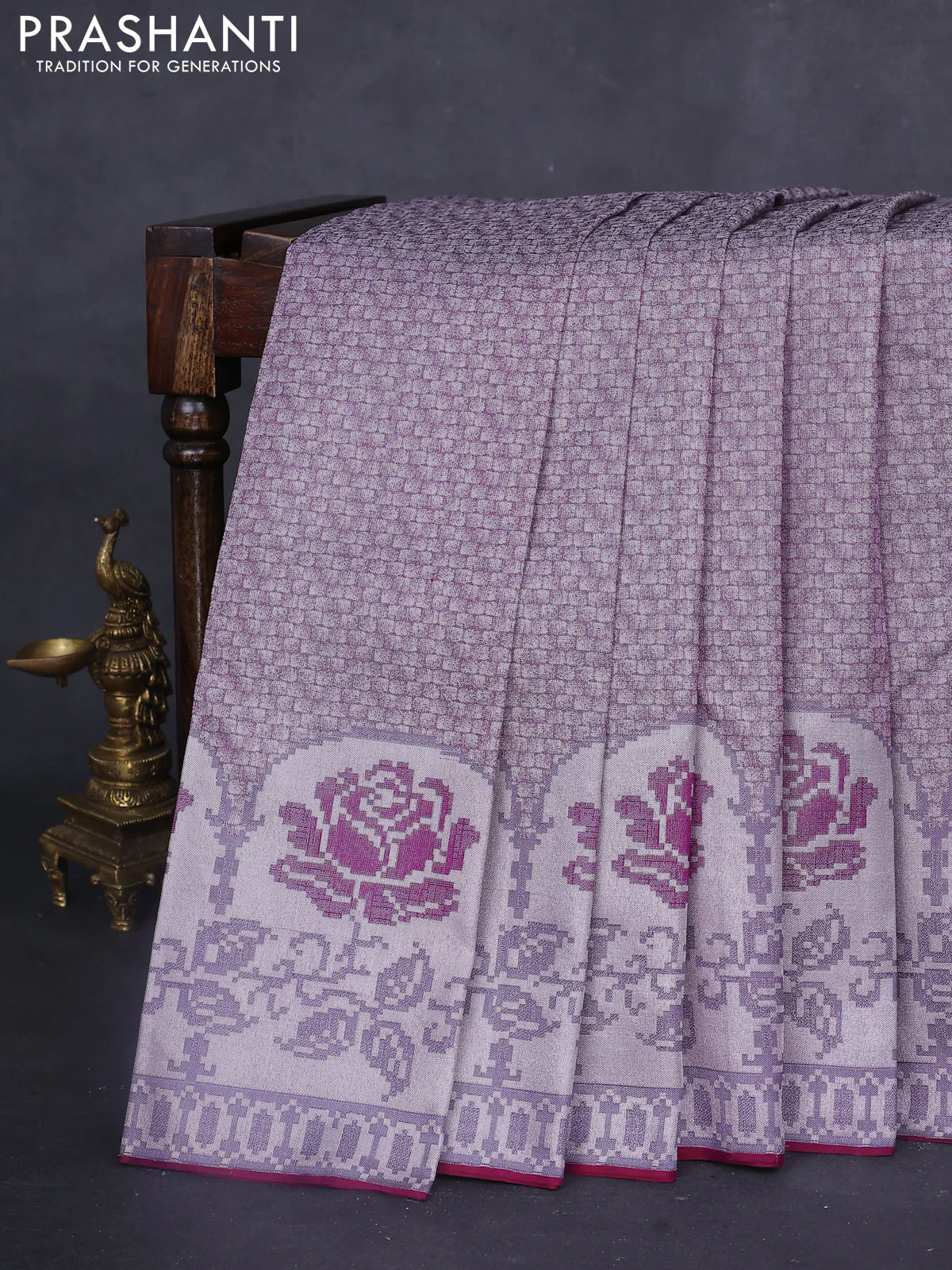 Pure kanchipuram tissue silk saree purple and wine shade with allover silver zari woven brocade weaves and floral design zari woven border - Image 2