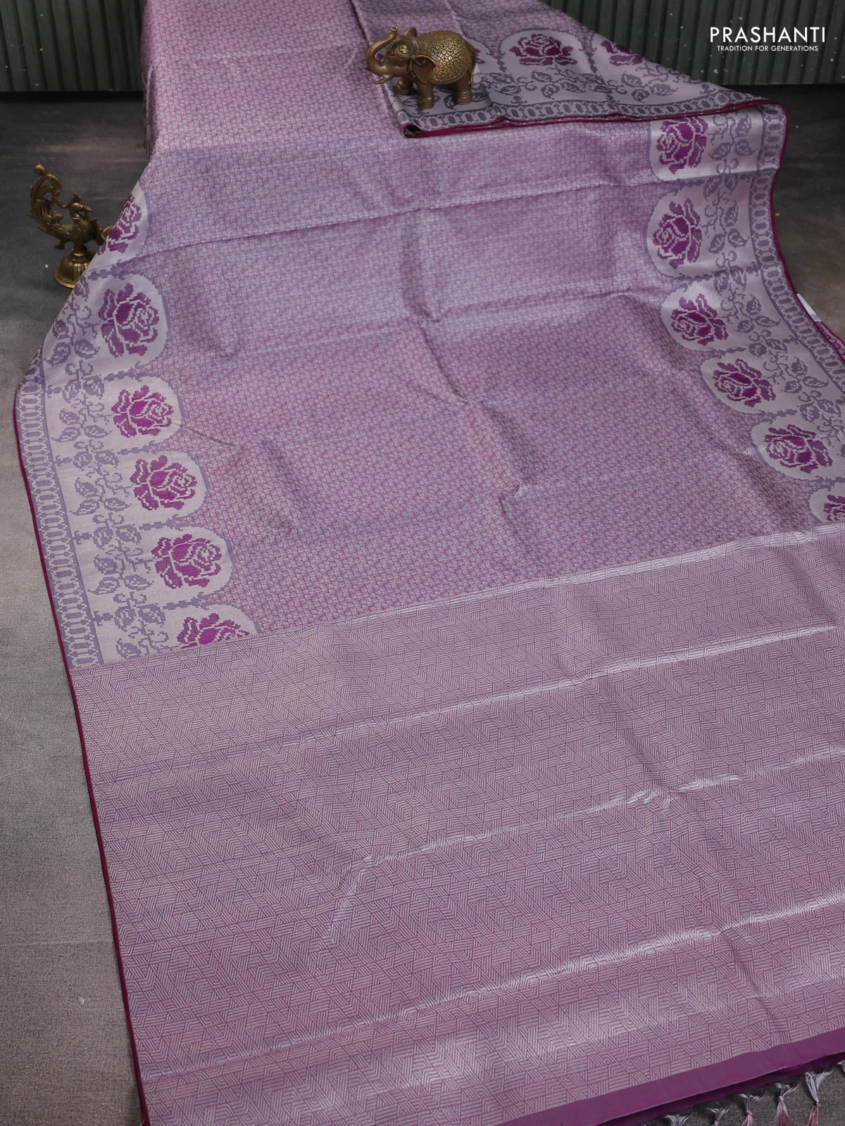 Pure kanchipuram tissue silk saree purple and wine shade with allover silver zari woven brocade weaves and floral design zari woven border - Image 3