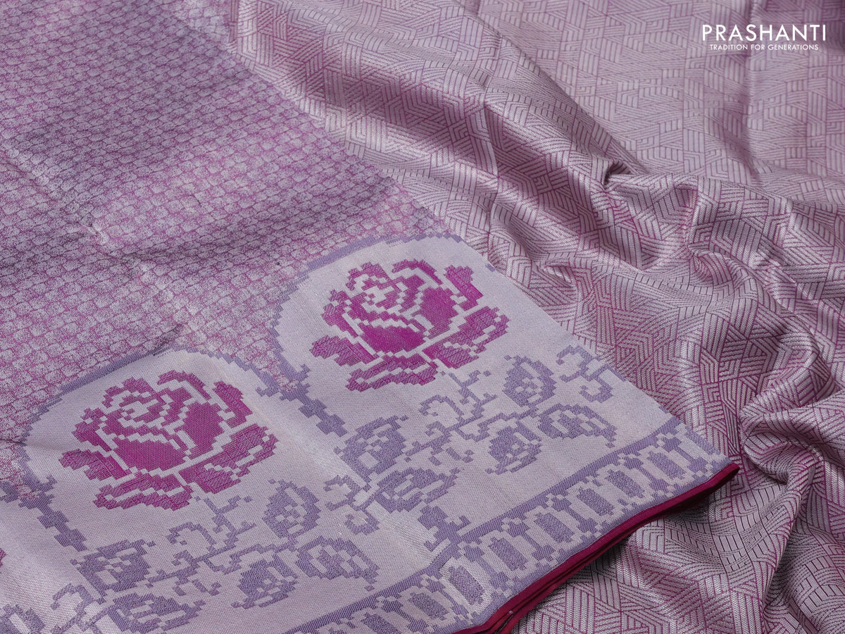 Pure kanchipuram tissue silk saree purple and wine shade with allover silver zari woven brocade weaves and floral design zari woven border - Image 4