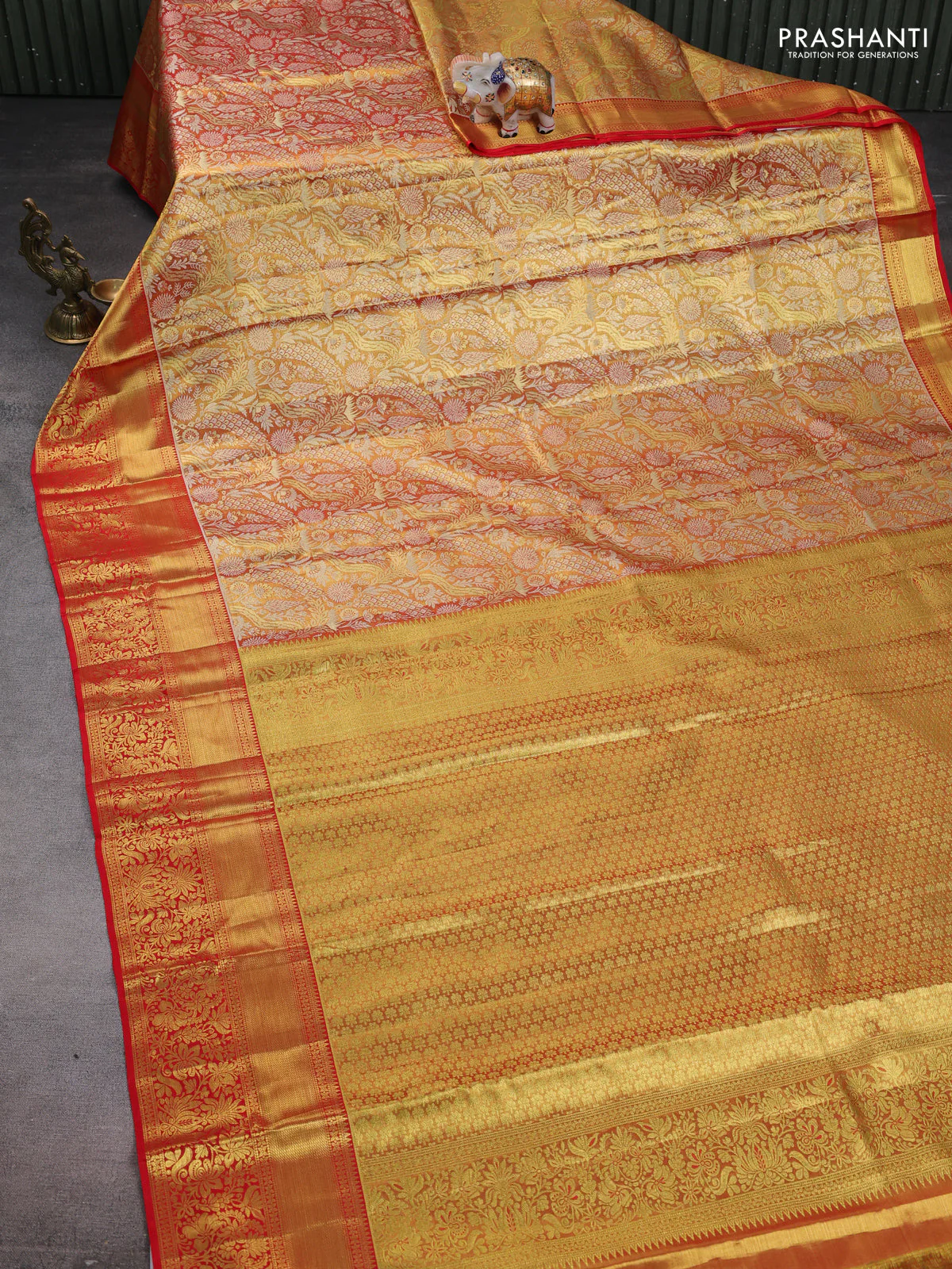 Pure kanchipuram tissue silk saree red shade with allover zari woven brocade weaves and zari woven border - Image 2