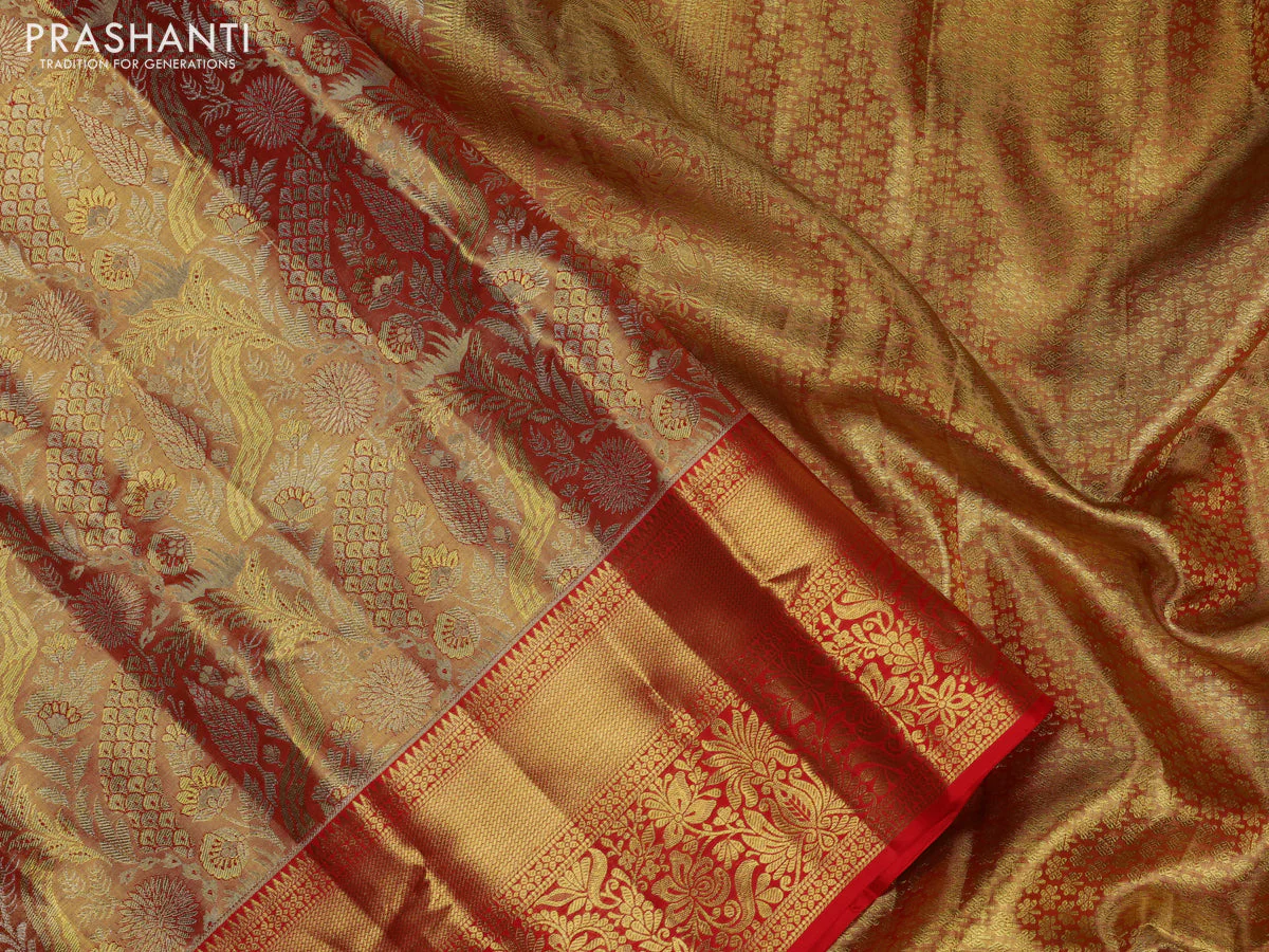 Pure kanchipuram tissue silk saree red shade with allover zari woven brocade weaves and zari woven border - Image 3