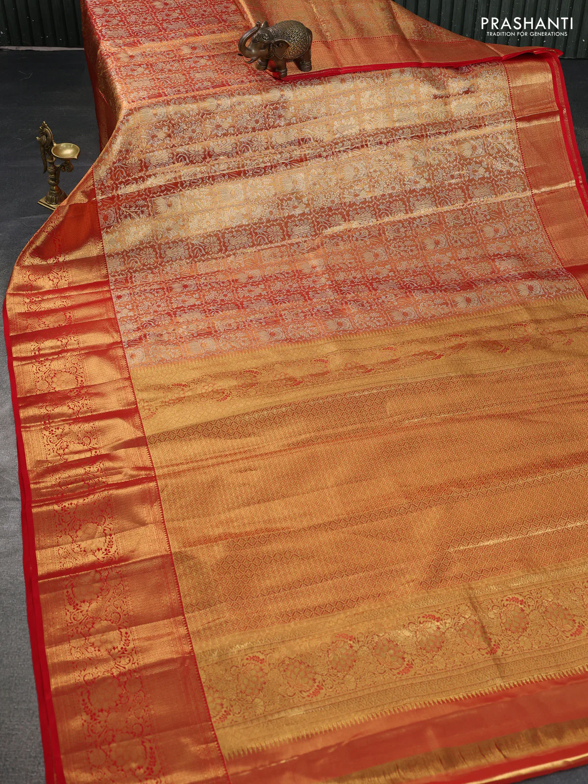 Pure kanchipuram tissue silk saree red shade with allover zari woven brocade weaves and zari woven border - Image 2