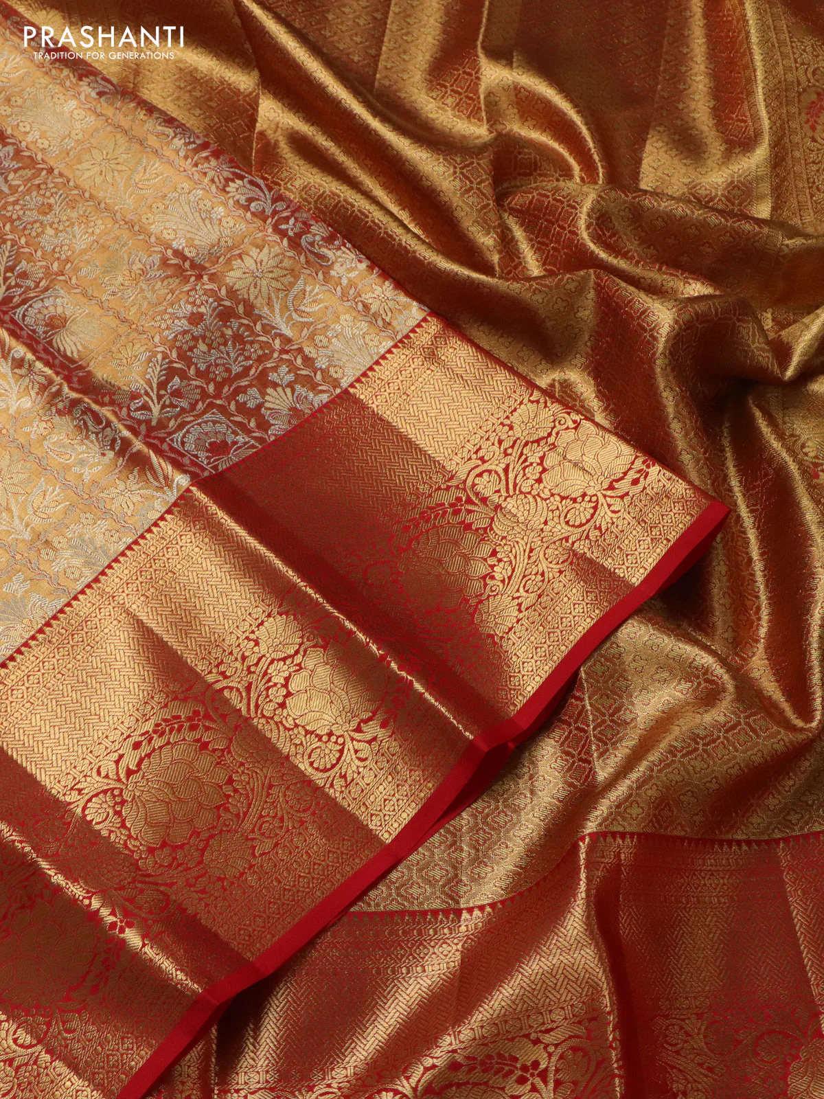 Pure kanchipuram tissue silk saree red shade with allover zari woven brocade weaves and zari woven border - Image 3