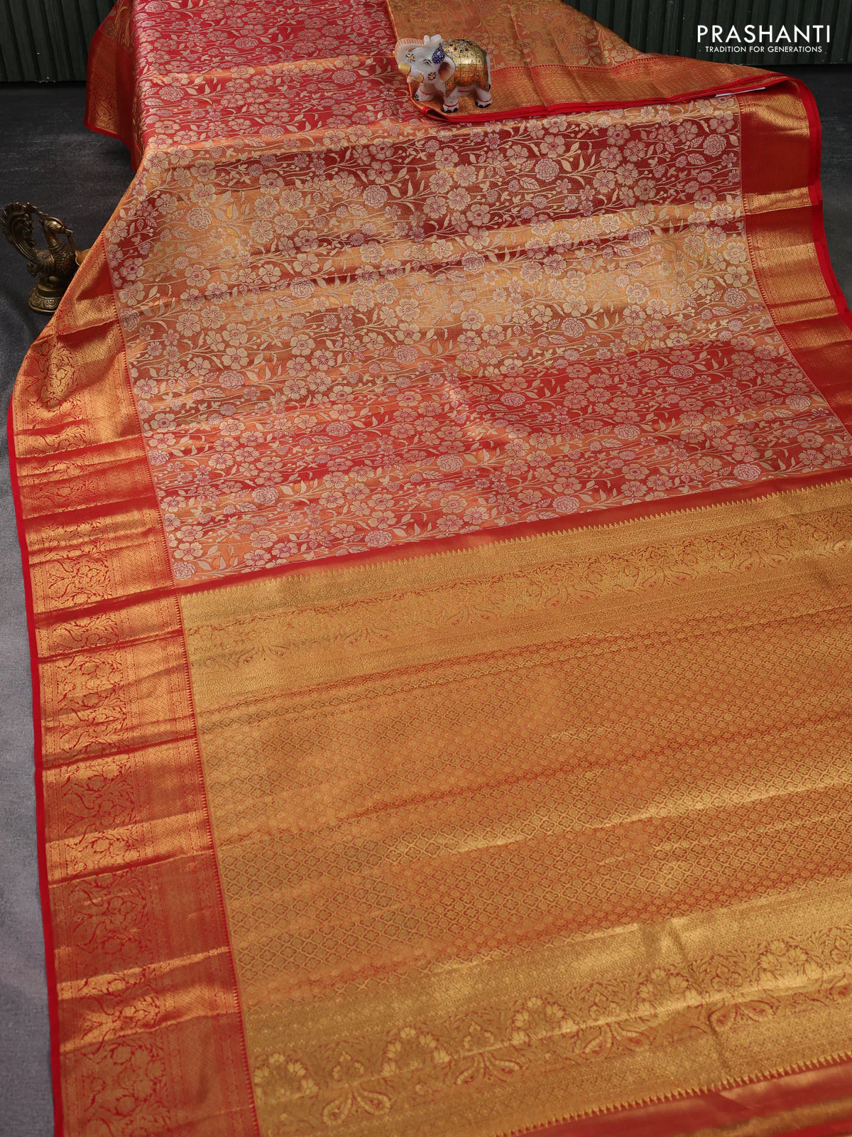 Pure kanchipuram tissue silk saree red shade with allover zari woven brocade weaves and zari woven border - Image 2